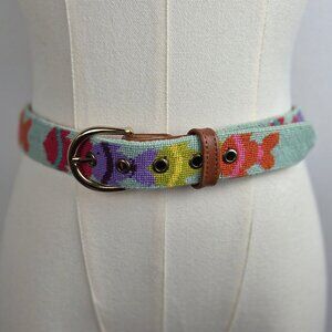 Vintage Vogue Accessories Needlepoint Belt Sz Small Custom Made Fish Blue